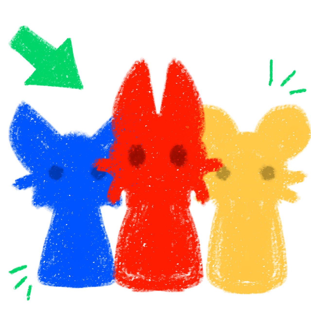  three colorful, cartoonish figures that resemble stylized animals or creatures. From left to right, there's a blue figure, a red figure with prominent ears, and a yellow figure. Each has large eyes and a simplistic design, giving a playful and friendly vibe. There's also a green arrow pointing towards the group